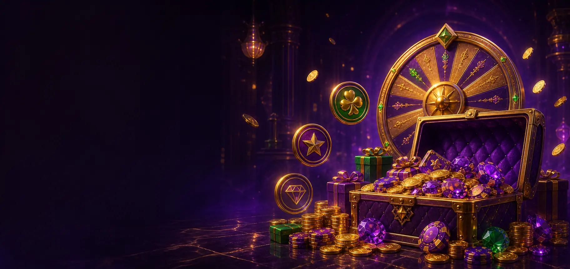 Ruota della fortuna, scrigno con monete e premi bonus di Bizzo Casino